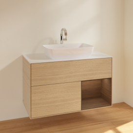 Тумба под раковину Villeroy & Boch Finion 100х50,1 см с подсветкой МДФ шпон дуба/стекло белое матовое F781GNPC