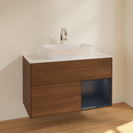 Тумба под раковину Villeroy & Boch Finion 100х50,1 см с подсветкой МДФ шпон грецкого ореха/стекло белое матовое F781HGGN