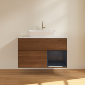 Тумба под раковину Villeroy & Boch Finion 100х50,1 см с подсветкой МДФ шпон грецкого ореха/стекло белое матовое F781HGGN