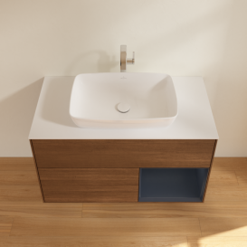 Тумба под раковину Villeroy & Boch Finion 100х50,1 см с подсветкой МДФ шпон грецкого ореха/стекло белое матовое F781HGGN