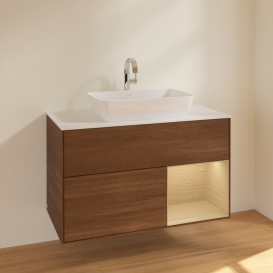 Тумба под раковину Villeroy & Boch Finion 100х50,1 см с подсветкой МДФ шпон грецкого ореха/стекло белое матовое F781PCGN