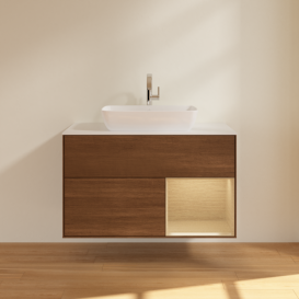 Тумба под раковину Villeroy & Boch Finion 100х50,1 см с подсветкой МДФ шпон грецкого ореха/стекло белое матовое F781PCGN