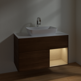 Тумба под раковину Villeroy & Boch Finion 100х50,1 см с подсветкой МДФ шпон грецкого ореха/стекло белое матовое F781PCGN