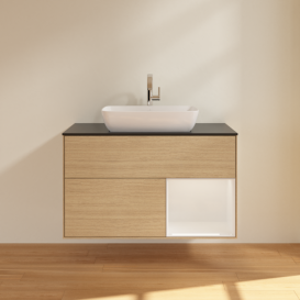 Тумба под раковину Villeroy & Boch Finion 100х50,1 см с подсветкой МДФ шпон дуба/стекло черное матовое F782GFPC