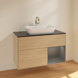 Тумба под раковину Villeroy & Boch Finion 100х50,1 см с подсветкой МДФ шпон дуба/стекло черное матовое F782GKPC