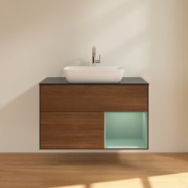 Тумба под раковину Villeroy & Boch Finion 100х50,1 см с подсветкой МДФ шпон грецкого ореха/стекло черное матовое F782GMGN