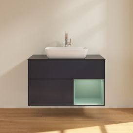 Тумба под раковину Villeroy & Boch Finion 100х50,1 см с подсветкой МДФ темно-синий матовый лак/стекло черное матовое F782GMHG