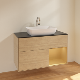 Тумба под раковину Villeroy & Boch Finion 100х50,1 см с подсветкой МДФ шпон дуба/стекло черное матовое F782HFPC