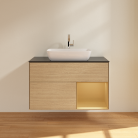 Тумба под раковину Villeroy & Boch Finion 100х50,1 см с подсветкой МДФ шпон дуба/стекло черное матовое F782HFPC