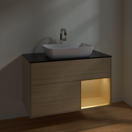 Тумба под раковину Villeroy & Boch Finion 100х50,1 см с подсветкой МДФ шпон дуба/стекло черное матовое F782HFPC
