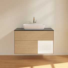 Тумба под раковину Villeroy & Boch Finion 100х50,1 см с подсветкой МДФ шпон дуба/стекло черное матовое F782MTPC