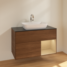 Тумба под раковину Villeroy & Boch Finion 100х50,1 см с подсветкой МДФ шпон грецкого ореха/стекло черное матовое F782PCGN