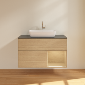 Тумба під раковину Villeroy & Boch Finion 100х50,1 см із підсвічуванням МДФ шпон дуба/скло чорне матове F782PCPC