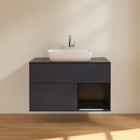 Тумба під раковину Villeroy & Boch Finion 100х50,1 см із підсвічуванням МДФ темно-синій матовий лак/скло чорне матове F782PDHG