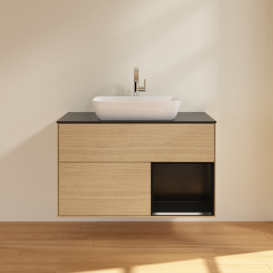 Тумба под раковину Villeroy & Boch Finion 100х50,1 см с подсветкой МДФ шпон дуба/стекло черное матовое F782PDPC