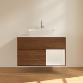 Тумба под раковину Villeroy & Boch Finion 100х50,1 см с подсветкой МДФ шпон грецкого ореха/стекло белое матовое G781GFGN