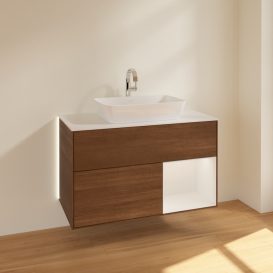 Тумба под раковину Villeroy & Boch Finion 100х50,1 см с подсветкой МДФ шпон грецкого ореха/стекло белое матовое G781GFGN