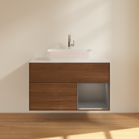 Тумба под раковину Villeroy & Boch Finion 100х50,1 см с подсветкой МДФ шпон грецкого ореха/стекло белое матовое G781GKGN