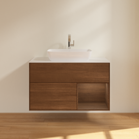 Тумба під раковину Villeroy & Boch Finion 100х50,1 см із підсвічуванням МДФ шпон волоського горіха/скло біле матове G781GNGN