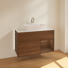 Тумба під раковину Villeroy & Boch Finion 100х50,1 см із підсвічуванням МДФ шпон волоського горіха/скло біле матове G781GNGN