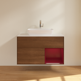 Тумба под раковину Villeroy & Boch Finion 100х50,1 см с подсветкой МДФ шпон грецкого ореха/стекло белое матовое G781HBGN