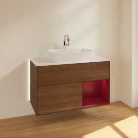 Тумба под раковину Villeroy & Boch Finion 100х50,1 см с подсветкой МДФ шпон грецкого ореха/стекло белое матовое G781HBGN