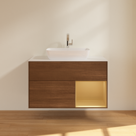 Тумба под раковину Villeroy & Boch Finion 100х50,1 см с подсветкой МДФ шпон грецкого ореха/стекло белое матовое G781HFGN