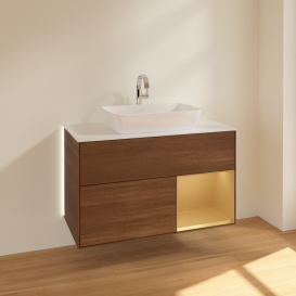 Тумба под раковину Villeroy & Boch Finion 100х50,1 см с подсветкой МДФ шпон грецкого ореха/стекло белое матовое G781HFGN