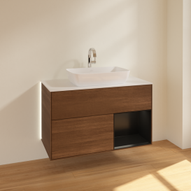 Тумба под раковину Villeroy & Boch Finion 100х50,1 см с подсветкой МДФ шпон грецкого ореха/стекло белое матовое G781PDGN