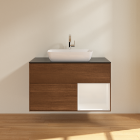 Тумба под раковину Villeroy & Boch Finion 100х50,1 см с подсветкой МДФ шпон грецкого ореха/стекло черное матовое G782GFGN