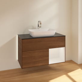 Тумба под раковину Villeroy & Boch Finion 100х50,1 см с подсветкой МДФ шпон грецкого ореха/стекло черное матовое G782GFGN