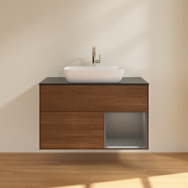 Тумба под раковину Villeroy & Boch Finion 100х50,1 см с подсветкой МДФ шпон грецкого ореха/стекло черное матовое G782GKGN