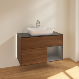 Тумба под раковину Villeroy & Boch Finion 100х50,1 см с подсветкой МДФ шпон грецкого ореха/стекло черное матовое G782GKGN