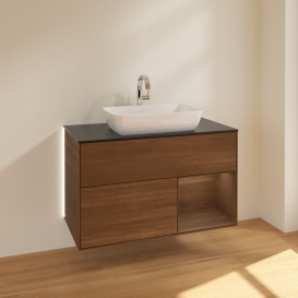 Тумба под раковину Villeroy & Boch Finion 100х50,1 см с подсветкой МДФ шпон грецкого ореха/стекло черное матовое G782GNGN
