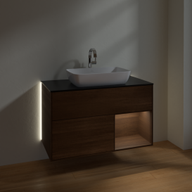 Тумба под раковину Villeroy & Boch Finion 100х50,1 см с подсветкой МДФ шпон грецкого ореха/стекло черное матовое G782GNGN
