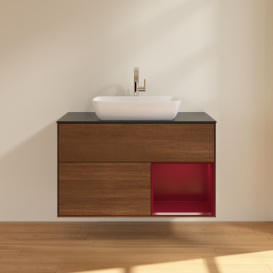 Тумба под раковину Villeroy & Boch Finion 100х50,1 см с подсветкой МДФ шпон грецкого ореха/стекло черное матовое G782HBGN