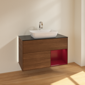 Тумба под раковину Villeroy & Boch Finion 100х50,1 см с подсветкой МДФ шпон грецкого ореха/стекло черное матовое G782HBGN