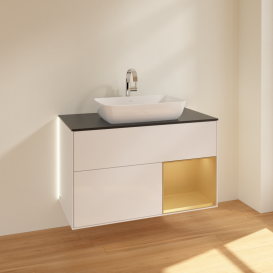 Тумба под раковину Villeroy & Boch Finion 100х50,1 см с подсветкой МДФ глянцевый белый лак/стекло черное матовое  G782HFGF