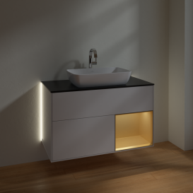 Тумба под раковину Villeroy & Boch Finion 100х50,1 см с подсветкой МДФ глянцевый белый лак/стекло черное матовое  G782HFGF