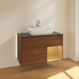 Тумба под раковину Villeroy & Boch Finion 100х50,1 см с подсветкой МДФ шпон грецкого ореха/стекло черное матовое G782HFGN