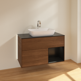 Тумба под раковину Villeroy & Boch Finion 100х50,1 см с подсветкой МДФ шпон грецкого ореха/стекло черное матовое G782PDGN