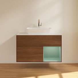 Тумба под раковину Villeroy & Boch Finion 100х50,1 см с подсветкой МДФ шпон грецкого ореха/стекло белое матовое G781GMGN