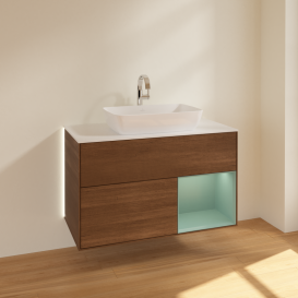 Тумба под раковину Villeroy & Boch Finion 100х50,1 см с подсветкой МДФ шпон грецкого ореха/стекло белое матовое G781GMGN