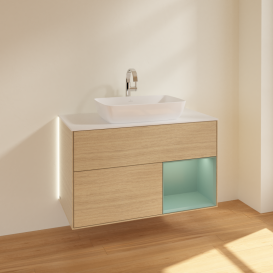 Тумба під раковину Villeroy & Boch Finion 100х50,1 см із підсвічуванням МДФ шпон дуба/скло біле матове G781GMPC