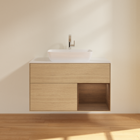 Тумба под раковину Villeroy & Boch Finion 100х50,1 см с подсветкой МДФ шпон дуба/стекло белое матовое G781GNPC