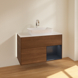 Тумба под раковину Villeroy & Boch Finion 100х50,1 см с подсветкой МДФ шпон грецкого ореха/стекло белое матовое G781HGGN