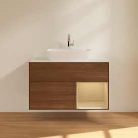 Тумба под раковину Villeroy & Boch Finion 100х50,1 см с подсветкой МДФ шпон грецкого ореха/стекло белое матовое G781PCGN