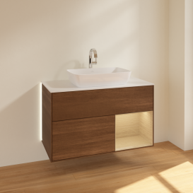 Тумба под раковину Villeroy & Boch Finion 100х50,1 см с подсветкой МДФ шпон грецкого ореха/стекло белое матовое G781PCGN