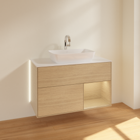 Тумба под раковину Villeroy & Boch Finion 100х50,1 см с подсветкой МДФ шпон дуба/стекло белое матовое G781PCPC