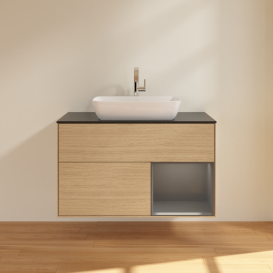 Тумба под раковину Villeroy & Boch Finion 100х50,1 см с подсветкой МДФ шпон дуба/стекло черное матовое G782GKPC